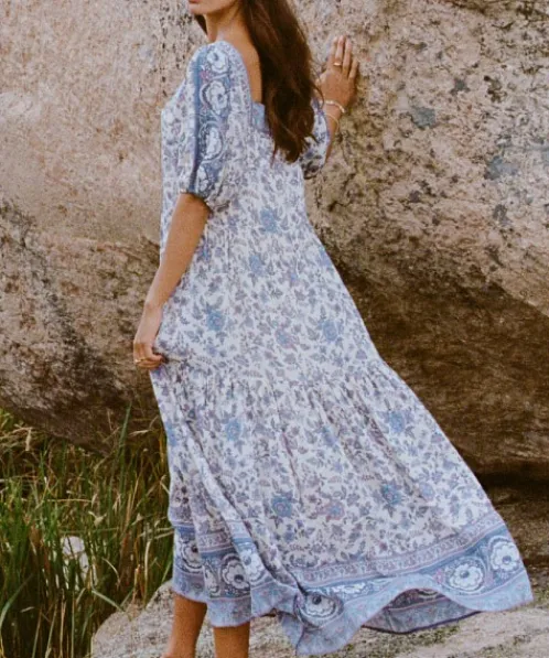 Spell Dresses>Folk Song Square Neck Gown Sky