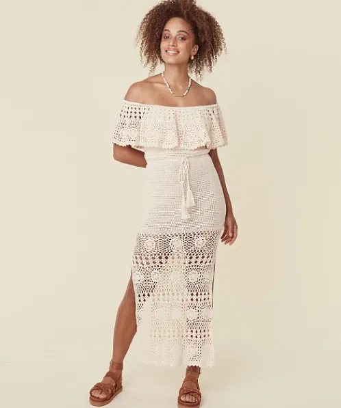 Spell Dresses>Iluka Crochet Midi Dress Cream