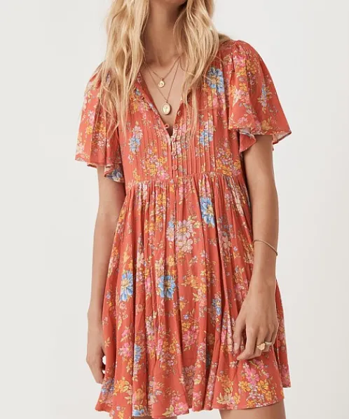 Spell Dresses>Meadowland Flutter Sleeve Mini Dress Poppy
