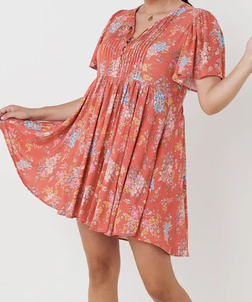 Spell Dresses>Meadowland Flutter Sleeve Mini Dress Poppy