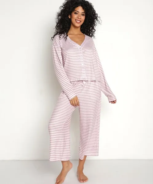 Splendid Pj Sets>Cardigan PJ with Crop Pant Heavenly Pink/Cameo Brown St