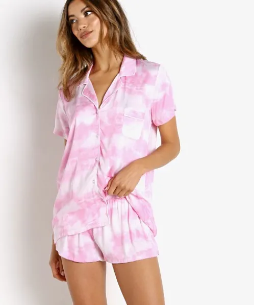 Splendid Pj Sets>Short Sleeve Notch Collar PJ Set Washed Pink Tie Dye