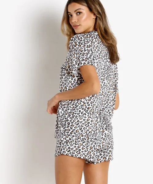 Splendid Pj Sets>Short Sleeve Notch Collar PJ Set Natural Leopard