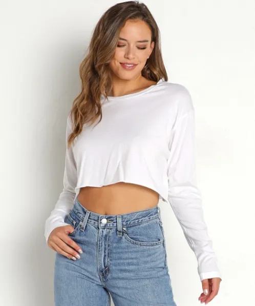 Stillwater Tops>Longsleeve Boyfriend Crop Tee White