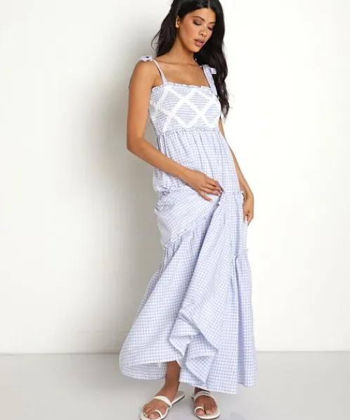 Sweet En Forme Dresses>Gingham Ruffled Maxi Dress