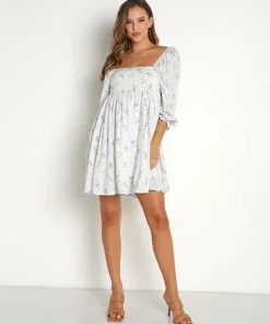 Sweet En Forme Dresses>Multi Color Flowers and Gingham Babydoll Mini Dre