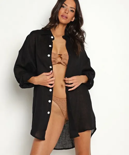 Vitamin A Cover Ups | Tops>Eco Linen Playa Shirt Dress Black