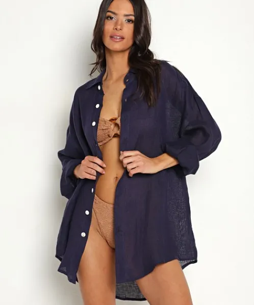 Vitamin A Cover Ups | Tops>Eco Linen Playa Shirt Dress Midnight