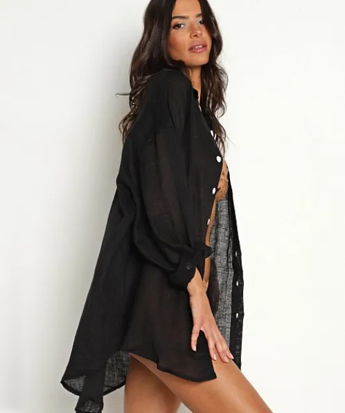 Vitamin A Cover Ups | Tops>Eco Linen Playa Shirt Dress Black