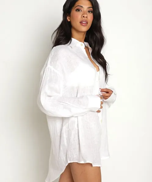 Vitamin A Cover Ups | Tops>Eco Linen Playa Shirt Dress White