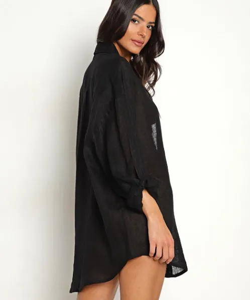 Vitamin A Cover Ups | Tops>Eco Linen Playa Shirt Dress Black