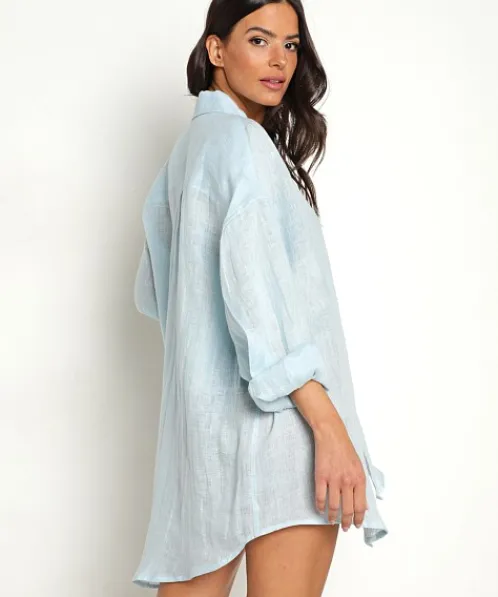 Vitamin A Cover Ups | Tops>Eco Linen Playa Shirt Dress Sky