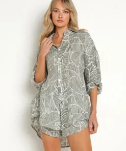 Vitamin A Cover Ups | Tops>Playa Shirt Dress Sea Green Palm Print