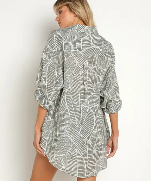 Vitamin A Cover Ups | Tops>Playa Shirt Dress Sea Green Palm Print